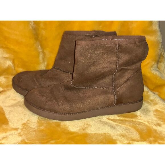 8.5B Cozy Brown Suede Ankle Boots Sherpa Lined Winter Booties Comfort Flat Shoes - Picture 1 of 7
